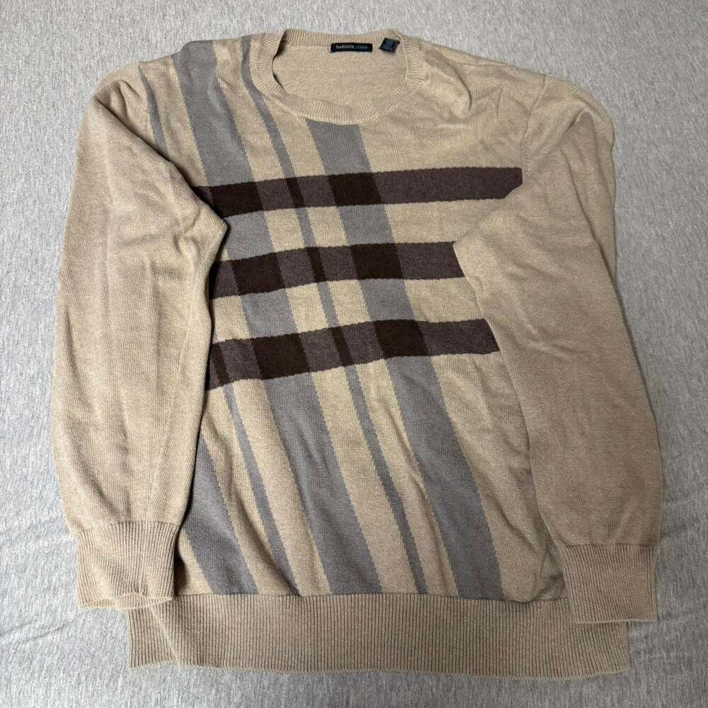 Van Heusen Studio Tan and Brown Plaid Crew Neck Sweater